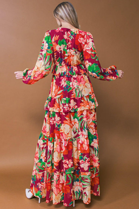 Leave You Speechless Woven Maxi Dress With V Neckline Long Sleeve Tiered Skirt