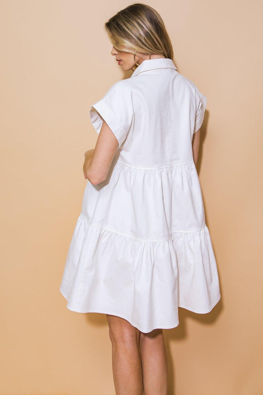 Timeless Beauty Twill Mini Dress With Shirt Collar Button Down And Tiered Body