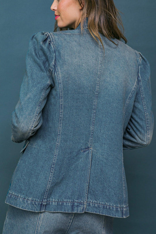 Give It Your All Denim Blazer Washed Denim Front Button Closure Pockets