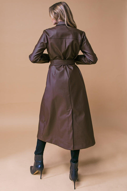 Wonderful Day Faux Leather Midi Coat With Button Down Detailing And Sash Tie
