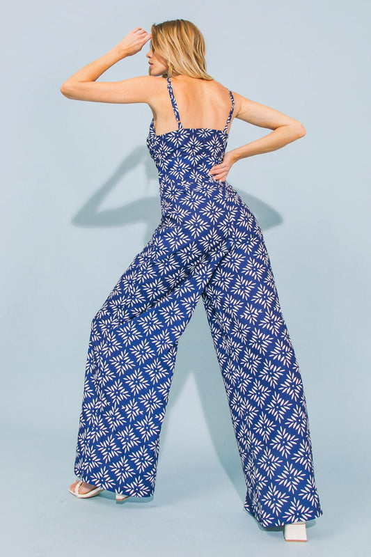 Printed Woven Jumpsuit With Cami Top Front Twist Cutout And Wide Leg