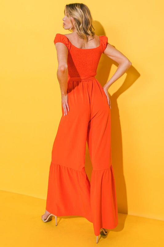 Smile Afternoon Woven Jumpsuit With Smocked Bodice And Self Tie Waist