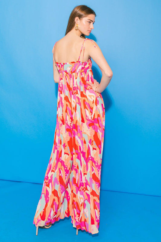 Better Get Going Woven Jumpsuit With Smocked Top And Pleated Body Printed