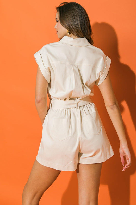 Symphony Woven Romper With Shirt Collar Snap Button Down Elastic Waist Pockets