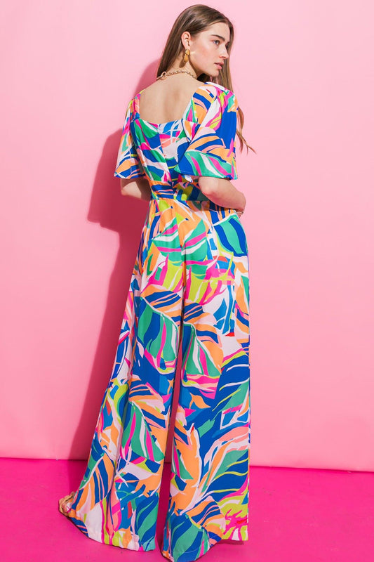 Whitewater Bay Printed Woven Jumpsuit With Surplice Neckline And Flutter Sleeves