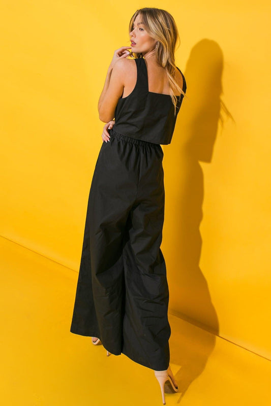 Life With You Poplin Jumpsuit Sleeveless Square Neck Wide Leg Cotton