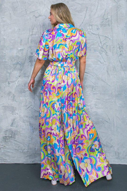 Secret Place Woven Jumpsuit With Shirt Collar V Neck And Pleated Wide Leg Pants