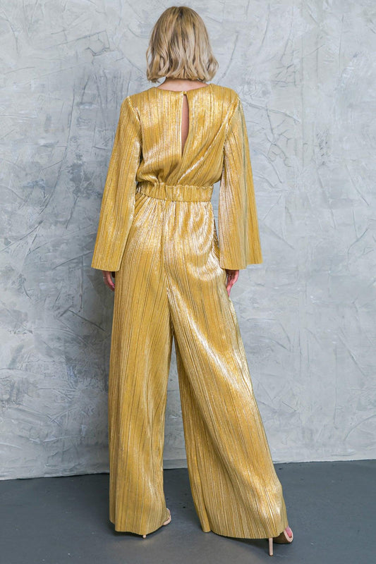 Dare To Dazzle Plisse Jumpsuit With Bell Sleeves Wide Legs