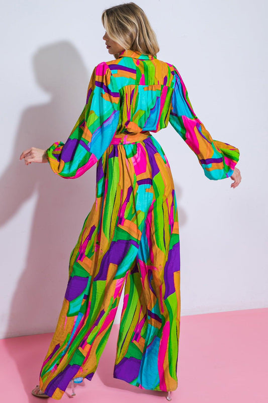 All My Heart Woven Jumpsuit With Shirt Collar Blouson Sleeves And Wide Leg