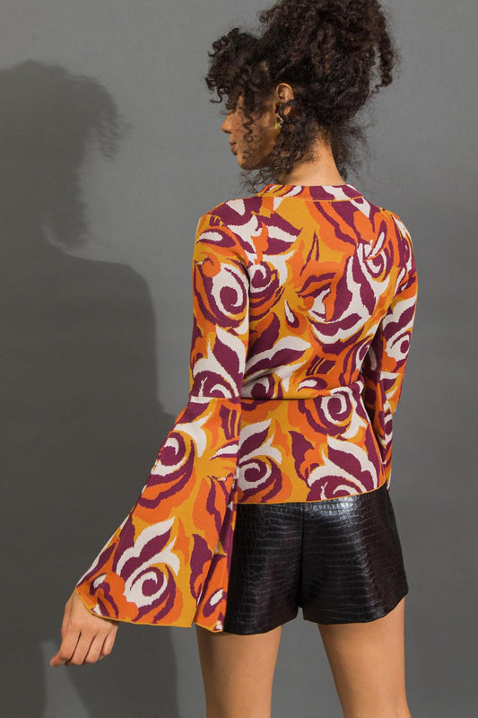 Her Favorite Features Jacquard Knit Sweater Top Bell Sleeve Contour Fit