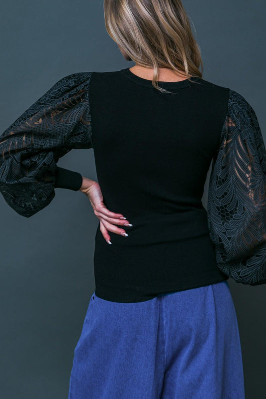 Leisure Life Knit Sweater Top With Round Neckline And Contrasting Puff Sleeves