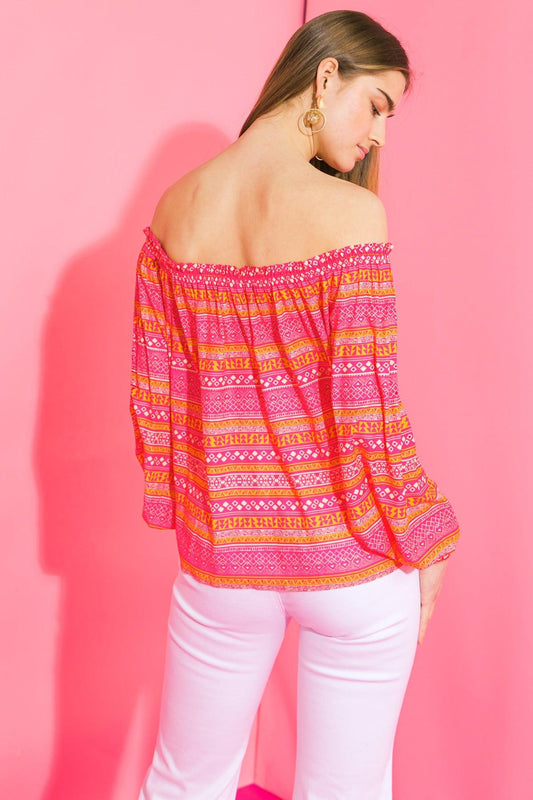 Cosmo Please Woven Top Off Shoulder Printed Lightweight Spring Top Smocked Cuff