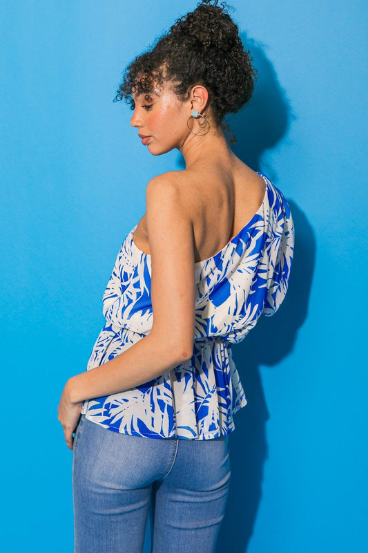 One Shoulder Woven Top With Peplum And Self Tie Waist