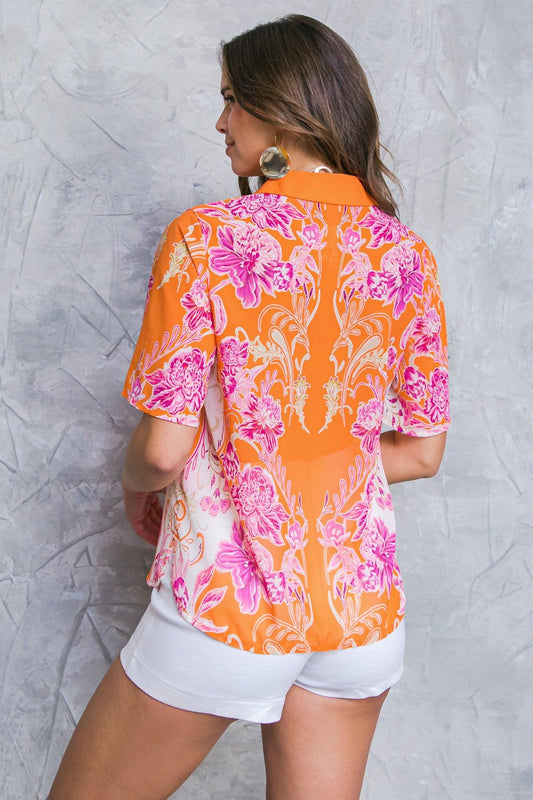 Flourishing Dreams Woven Top Printed Collared Button Down Short Sleeve
