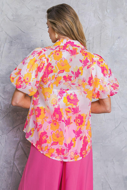 Effortless Outlook Woven Top With Shirt Collar Puff Sleeves Print Cami Included