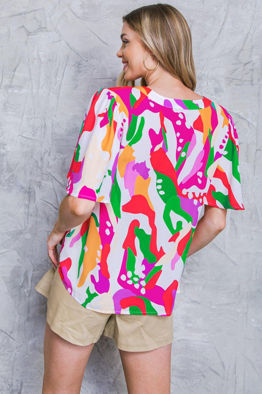 Stylish Summer Woven Top Round Neck With V Front Flutter Sleeves Polyester