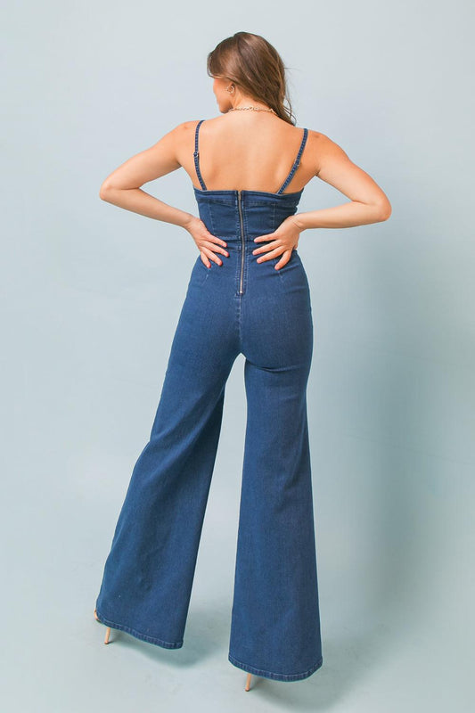 Making Magic Denim Jumpsuit With Flare Legs And V Neck Back Zipper