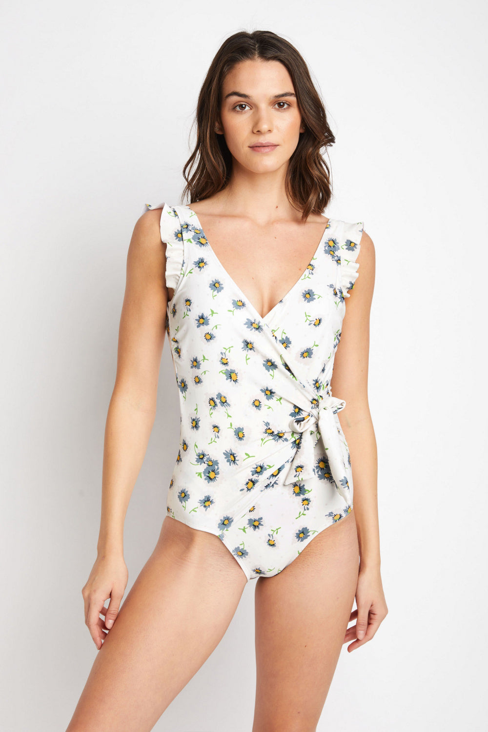 Marina West Swim Float On Ruffle Faux Wrap One-Piece in Daisy Cream-Soul Flow Apparel