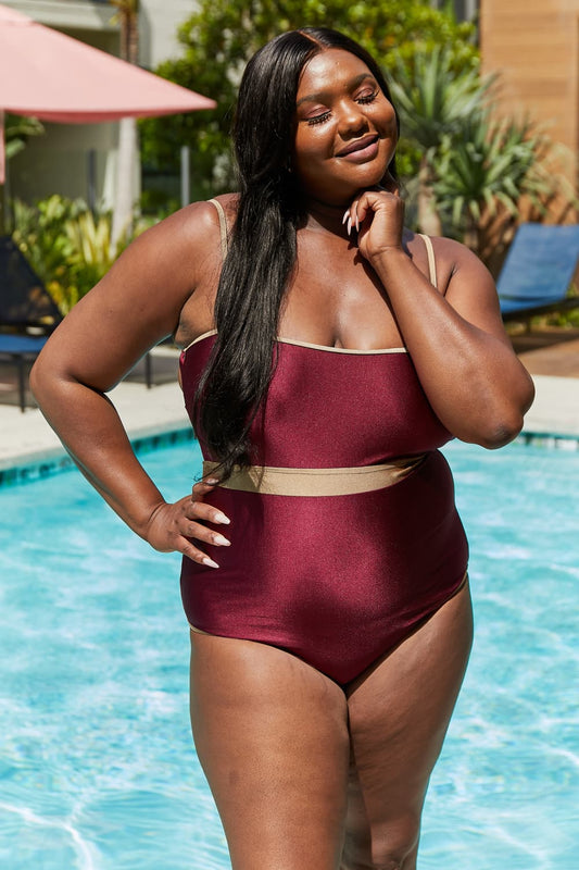 Marina West Swim Wave Break Contrast Trim One-Piece in Wine-Soul Flow Apparel