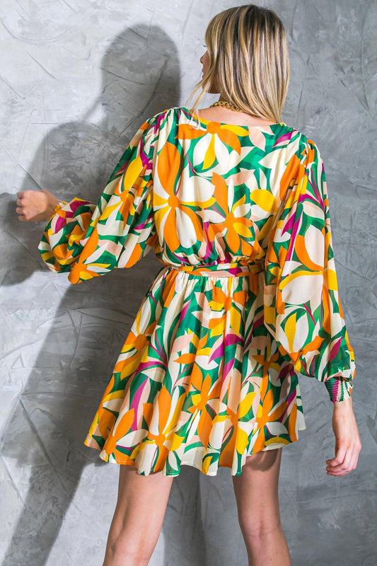 Daring Heart Printed Woven Mini Dress With Surplice Neckline And Ruffled Hem