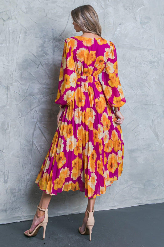 Floral Woven Midi Dress With V Neckline And Smocked Details