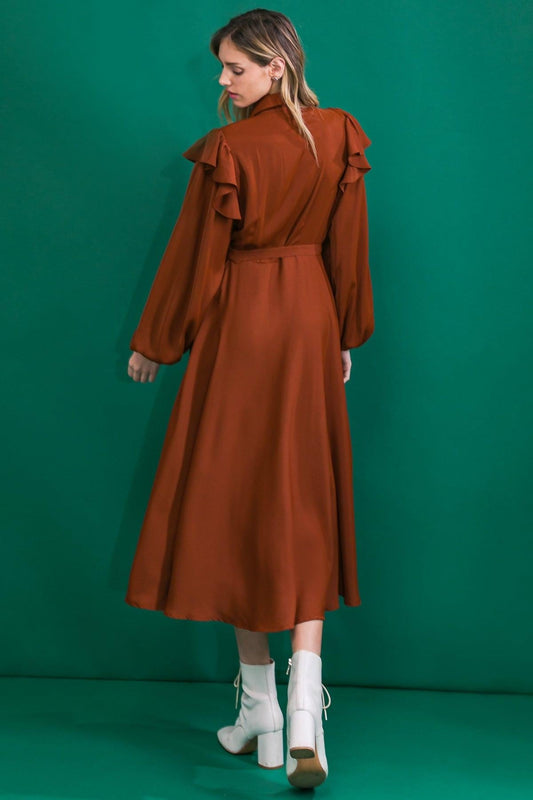 Brown Woven Midi Dress With Shirt Collar Self Belt And Ruffled Shoulders