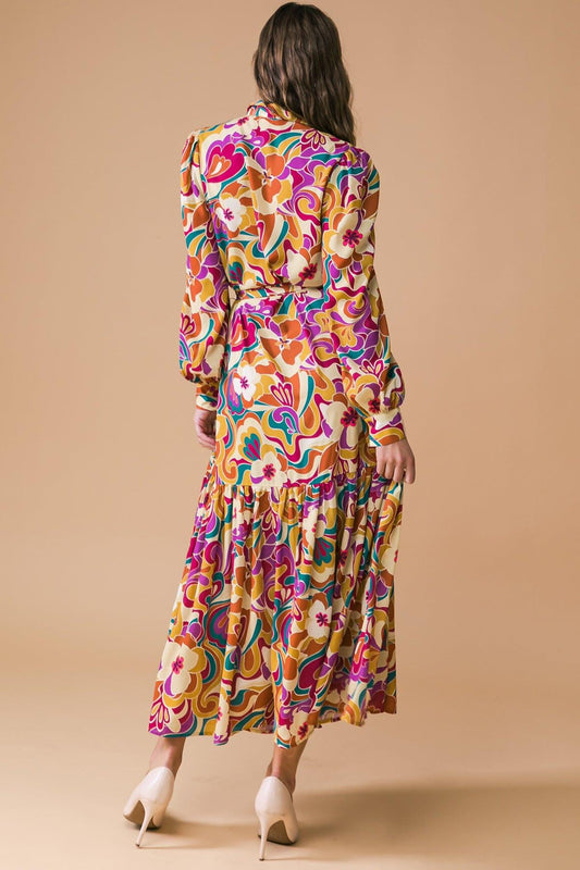 Printed Woven Midi Dress With Shirt Collar And Long Sleeves
