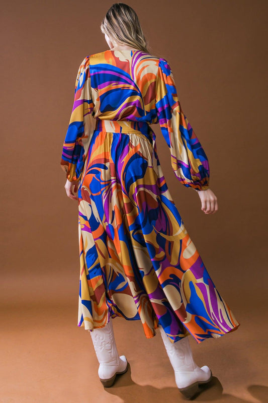 Bold Adventures Woven Satin Midi Dress With Surplice Neckline And Puff Sleeves