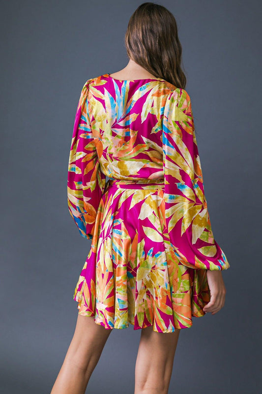 All Fall Long Printed Woven Mini Dress Surplice Neckline Long Sleeve Wrap Skirt