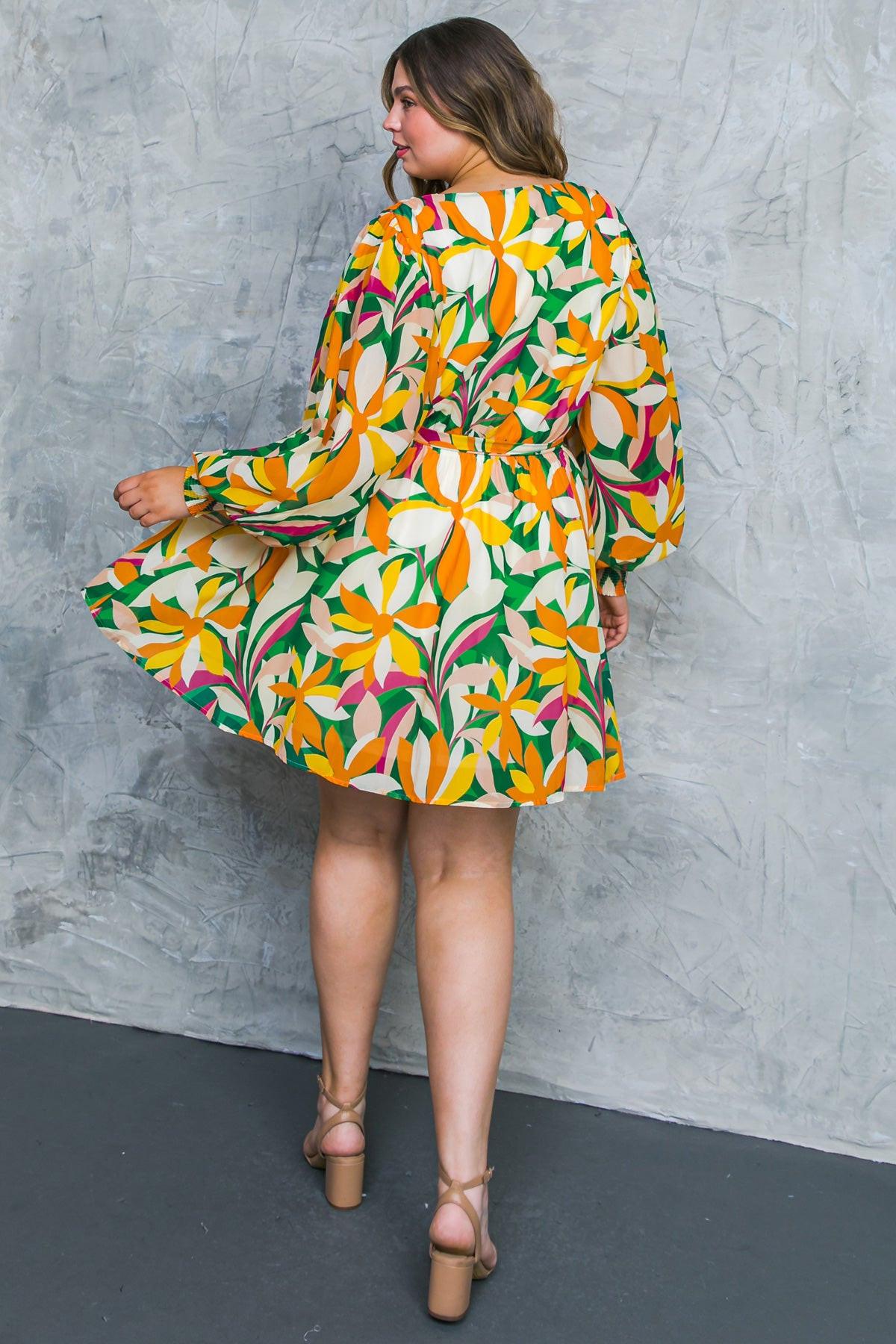 Daring Heart Printed Woven Mini Dress With Surplice Neckline And Ruffled Hem