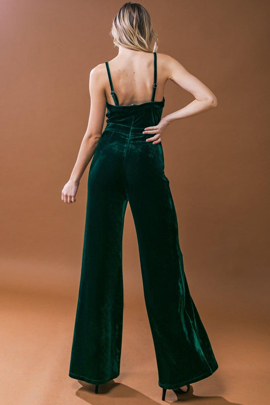 Blow A Kiss Velvet Jumpsuit With Front V Detail And Wide Leg