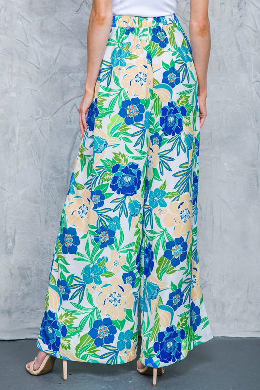 Floral In The World Woven Pants With Front Pleats And Side Pockets
