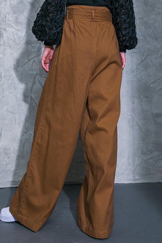 Thriving Weekend Twill Pants With High Waist Self Sash Belt And Wide Leg Pockets