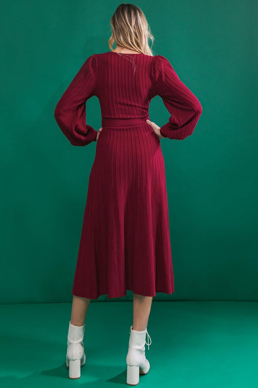 Keep Looking Up Sweater Midi Dress With U Neck And Self Sash Tie