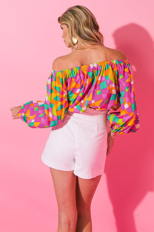 The Flower Fields Woven Top Off Shoulder Peasant Sleeve Printed Poplin