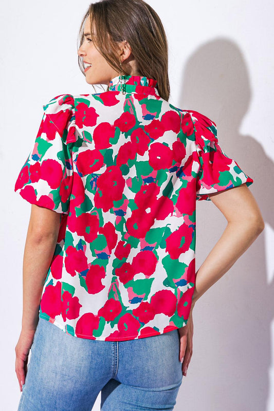 I Can Wait Forever Printed Woven Top With High Ruffled Neckline