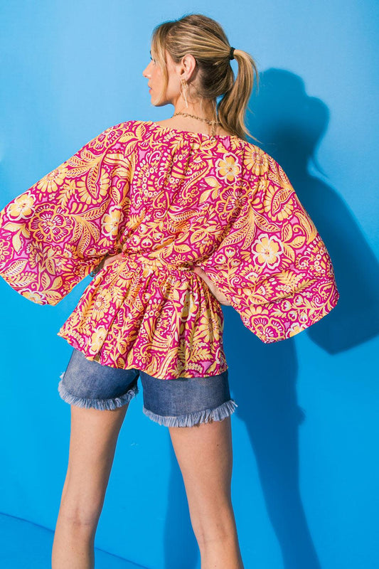 Gift Of Love Woven Top With Surplice Neckline Kimono Sleeves And Peplum