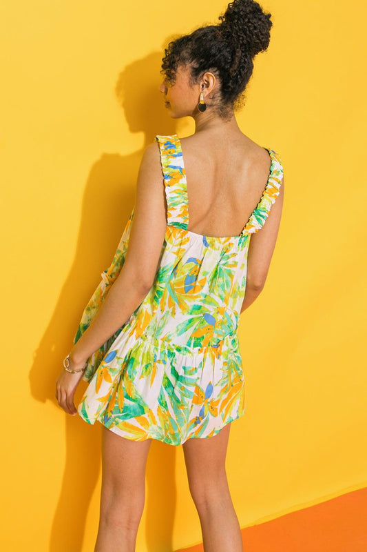 Ocean Skies Printed Woven Top With Straight Neckline And Ruffled Hem