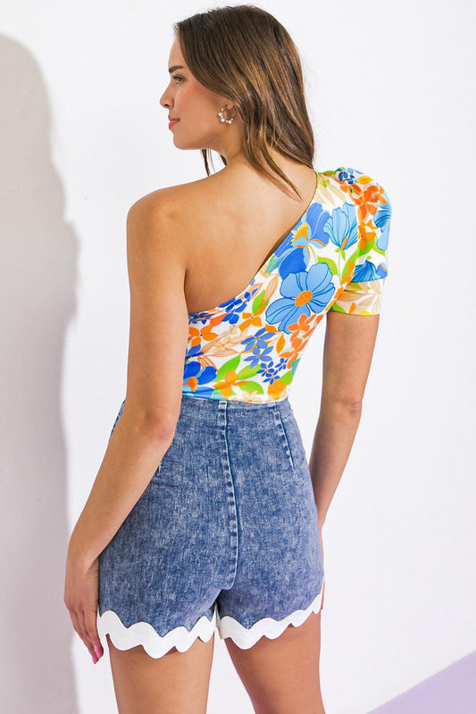 Sunny Approach Print One Shoulder Bodysuit With Puff Sleeve Snap Closure
