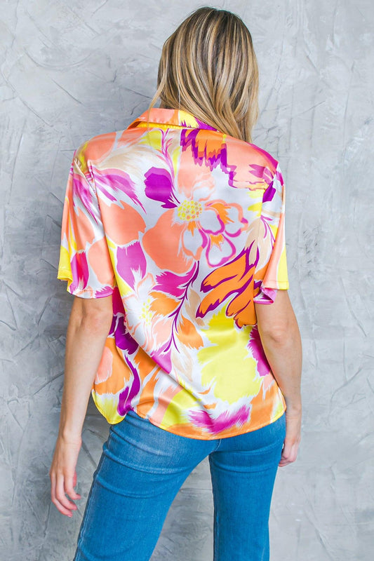 Hello Aroha Satin Printed Woven Top Short Sleeve Button Front Collar