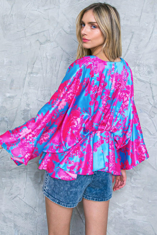Blue Woven Top With V Neck Pleated Peplum Long Kimono Sleeves