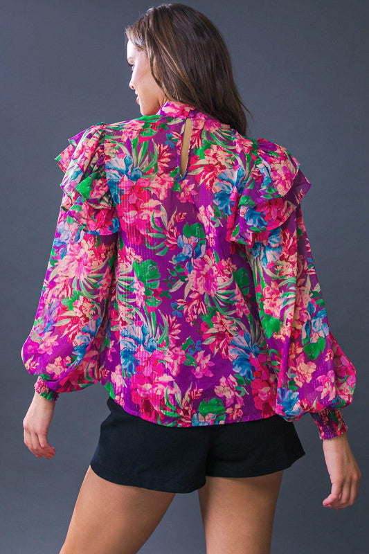 Makes Me Happy Woven Top Long Sleeve High Neck With Smocked Cuffs