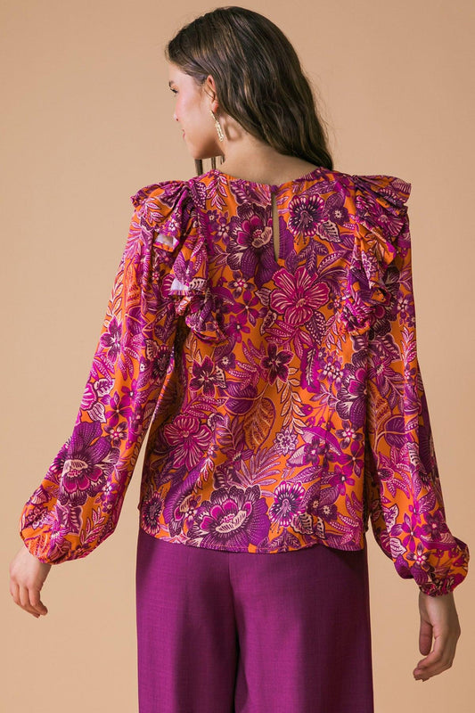 Ready For What's Next Printed Woven Top With Long Sleeve Neckline And Ruffle