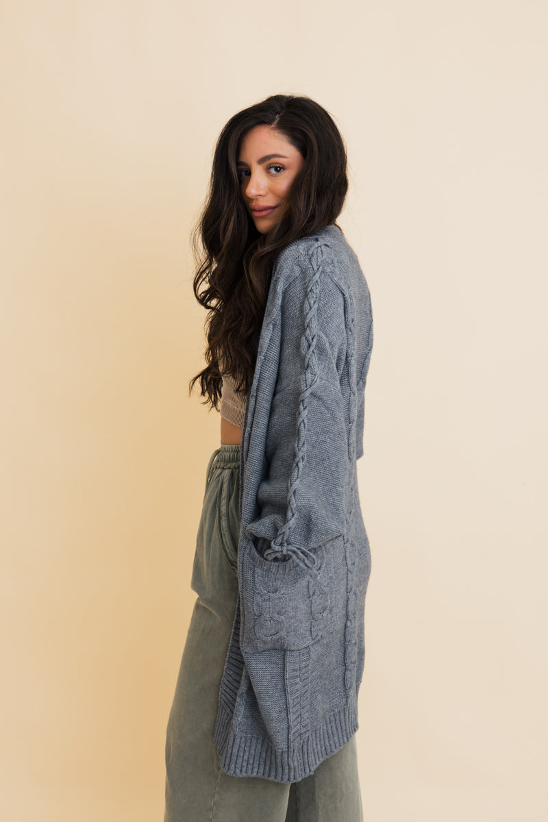 Leto Collection boho cable knit cardigan in gray with a relaxed fit for cozy layering