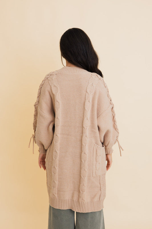 Women’s Leto Collection boho cable knit cardigan in beige with long sleeves and side pockets
