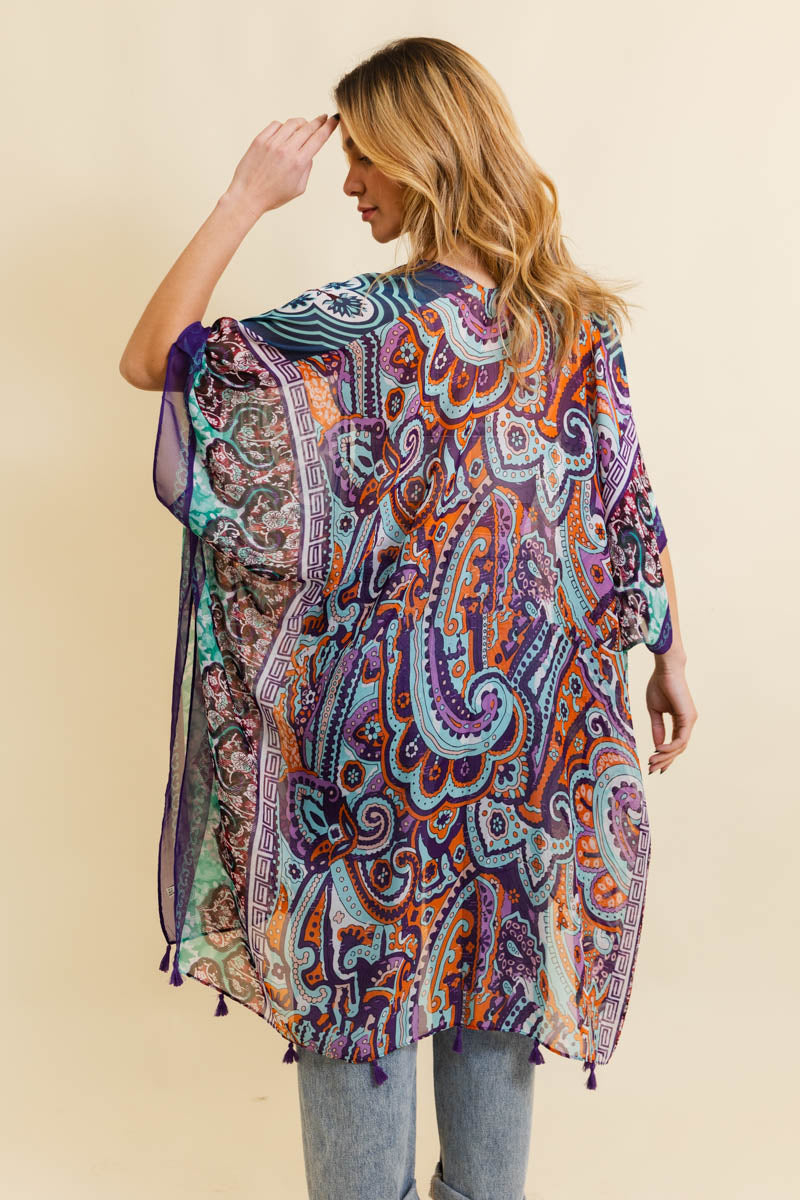 Free Spirit Cinched Sleeve Paisley Kimono-Soul Flow Apparel