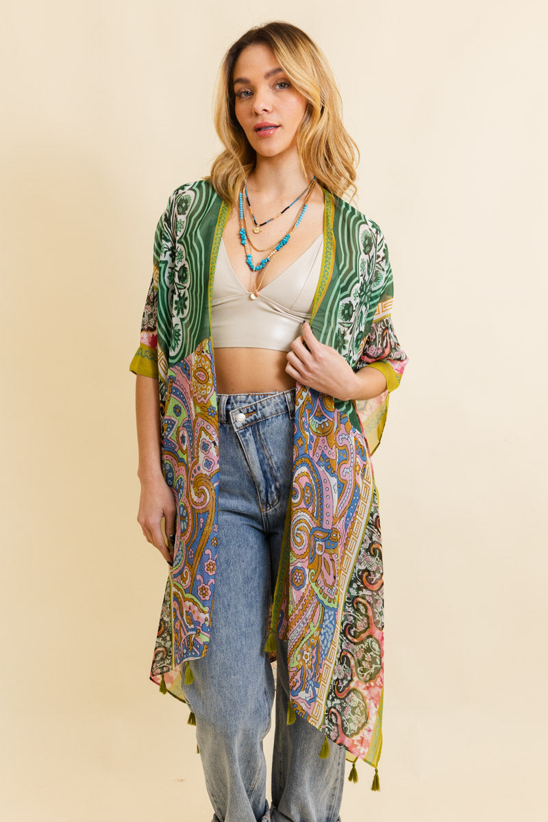 Free Spirit Cinched Sleeve Paisley Kimono-Soul Flow Apparel