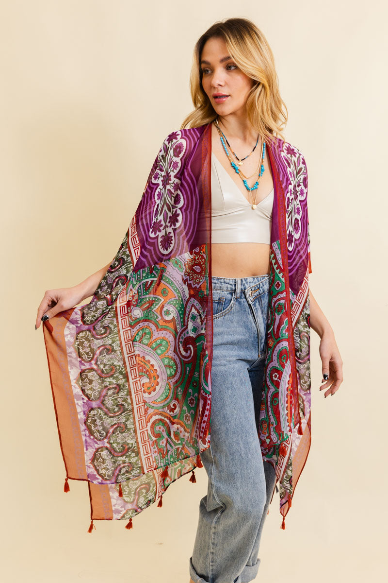 Free Spirit Cinched Sleeve Paisley Kimono-Soul Flow Apparel