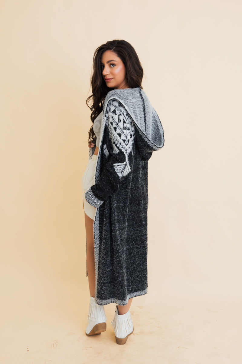 Leto Collection boho hooded knit cardigan featuring a stylish design with a long silhouette and cozy hood