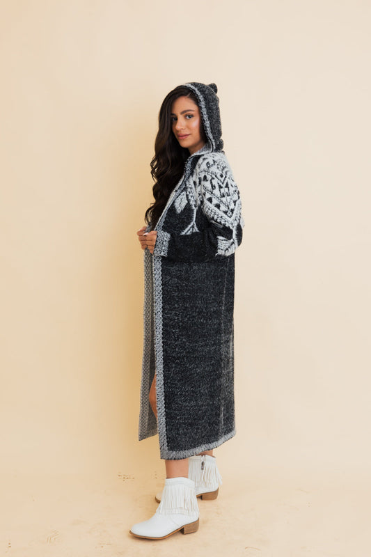 Leto Collection boho hooded knit cardigan in gray with intricate patterns for cozy layered style